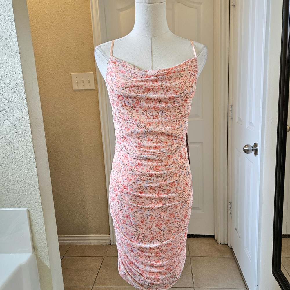 Emerald Sundae Floral Ruched Mesh Bodycon Dress  SIZE XL in Coral Pink NWT - Picture 2 of 10